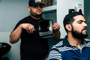 Interior of a barbershop showcasing various hair products